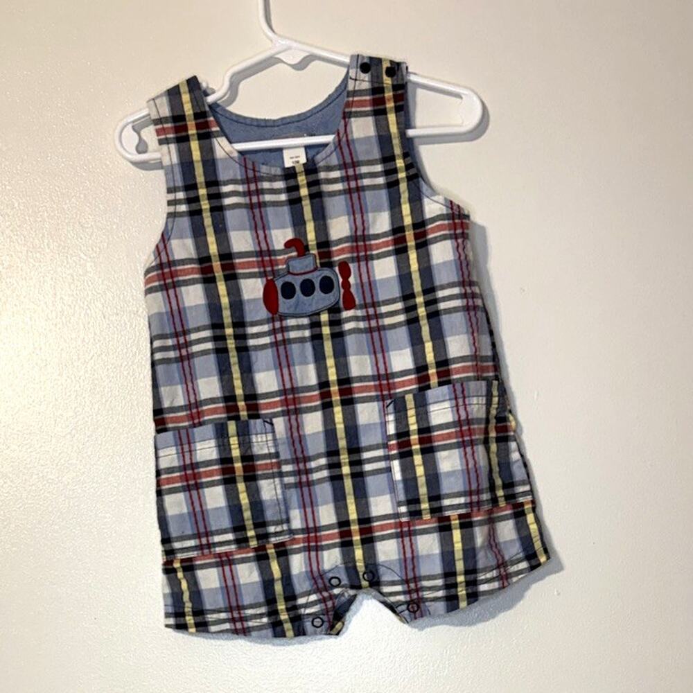 Carter's Sleeveless Cotton Woven Plaid Airplane Embroidered Romper 12-18M